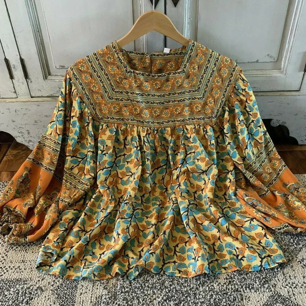 New Floral Country Cottage Core Folk Cotton Boho Top Blouse - Picture 3 of 8